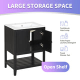 [VIDEO] 24" Black Modern Sleek Bathroom Vanity Elegant Ceramic Sink with Solid Wood Frame Open Style Shelf