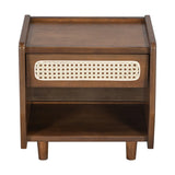 Walnut Nightstand with Rattan Detail, MDF + Solid Wood, Modern Bedroom Storage, Open Shelf & Drawer, Indoor Furniture