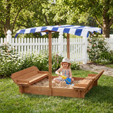 Kids Sandbox with Adjustable Cover, 46'' Wooden Sand Box with 2 Foldable Bench Seats, Outdoor Sandpit for Backyard Play
