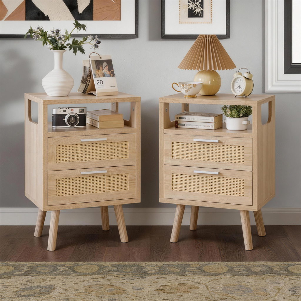 Set of 2 with 2 Drawers, 15.4" Modern Storage Bedside Table with  Handles, Wooden End Table for Bedroom,Natural Wood