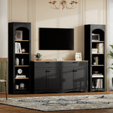 ON-TREND Farmhouse TV Stand with 2 Drawers for TVs Up to 70", Versatile Wood Grain Sideboard with Adjustable Shelves, Mid-Century Buffet Cabinet with Rustic Handles for Living Room/Bedroom, Black
