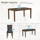 6-Piece Dining Table Set with Bench and Chairs, Wooden dining table set for 6 people, Farmhouse Rustic Style 6 Person Dining Table Set for Dining Room, Kitchen, Dark Walnut