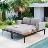 TOPMAX Modern Outdoor Daybed Patio Metal Daybed with Wood Topped Side Spaces for Drinks, 2 in 1 Padded Chaise Lounges for Poolside, Balcony, Deck, Beige