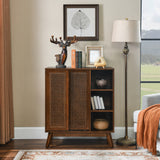 Mid Century Modern Rattan Sideboard Cabinet, Buffet Cabinet for Entryway Hallway Living Room Kitchen Dining Room, Adjustable Shelf & Solid Wood Feet & Rattan Cabinet Doors - Dark Wood