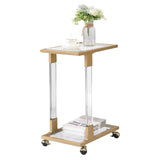 Golden Side Table, Acrylic Sofa Table, Glass Top C Shape Table with Metal Base for Living Room, Bedroom, Balcony Home and Office