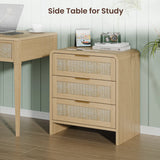 Rattan 3 Drawers Nightstand set of 2,  22.8" Wide Curved Wooden Bedside Table, Modern Storage for Bedroom, Natural Oak.