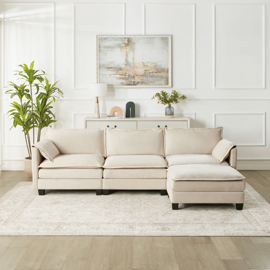 107-inch L-shaped sofa with cotton-linen velvet texture, corner sofa with storage function on the side, suitable for living room, and spacious space,3 seats can be extended