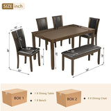 6-Piece Dining Table Set with Bench and Chairs, Wooden dining table set for 6 people, Farmhouse Rustic Style 6 Person Dining Table Set for Dining Room, Kitchen, Dark Walnut