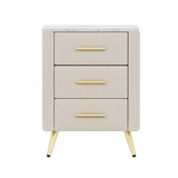 Upholstered Wooden Nightstand with 3 Drawers and Metal Legs&Handles, Bedside Table with Marbling Stickers Worktop - Beige