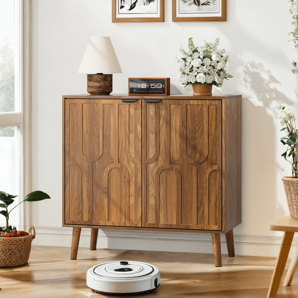 Sideboard Buffet Cabinet with Storage, Farmhouse Buffet Cabinet With Paper Clip Design, Wood Coffee Bar Storage Cabinet for Kitchen, Dining Room, Living Room, Entryway, Walnut,31.5" W