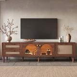 Rattan TV Stand for TVs up to 75'', Modern Farmhouse Media Console, Entertainment Center with Solid Wood Legs, TV Cabinet for Living Room,Home Theatre