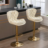 Set of 2  Bar Stools,with Chrome Footrest and Base Swivel Height Adjustable Mechanical Lifting Velvet + Golden Leg Simple Bar Stool-Green