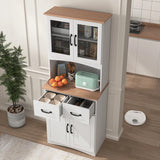 Wooden Kitchen Cabinet White Pantry Room Storage Microwave Cabinet with Framed Glass Doors and Drawer