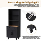 ON-TREND Farmhouse TV Stand with Solid Wood Gourd-Shaped Legs for TVs Up to 70", Entertainment Center with Bookshelves & Tempered Glass Doors, Media Console with Adjustable Shelves, Living Room, Black