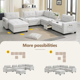 104'' Sectional Sofa with Acrylic Table Top,Chenille U Shaped Couch Set with 2 Consoles,USB Charger,Storage Drawers and Pockets,Movable Ottoman,Tufted Sofa for Living Room,Apartment,2 Colors