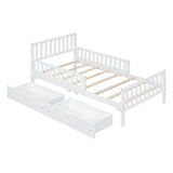 Twin Size Wood Platform Bed with Guardrails on Both Sides and Two Storage Drawers ,White
