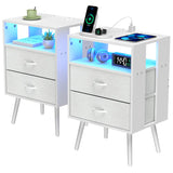 2 Pack Modern Nightstand with Charging Station, Bedside Tables with LED Light and Fabric Drawers