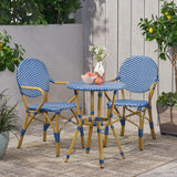 Outdoor PE Rattan and Aluminum 3 Piece French Bistro Set, Dark Teal & White, and Bamboo Finish