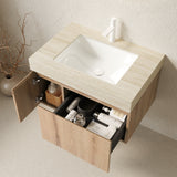 MURI 30" Bathroom Vanity&Sink, Floating Plywood Storage Cabinet with Drawer&Door, Roma Travertine Sintered Stone Top&Ceramic Basin with 1 Pre-drilled Faucet Hole, Pre-assembled, White Oak Woodgrain