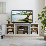 Large TV Desk Storage Rack with Faux Stacked Stone Surround,Media Console Table with Large Storage Cabinet,Modern TV Media Entertaionment Stand,WHITE, 70.12"W*15.35"D*25.83"H