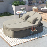 TOPMAX Outdoor Sun Bed Patio 2-Person Daybed with Cushions and Pillows, Rattan Garden Reclining Chaise Lounge with Adjustable Backrests and Foldable Cup Trays for Lawn, Poolside, Beige