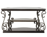 Sofa Table, Glass table top, MDF W/marble paper middle shelf, powder coat finish metal legs. (54"Lx20"Wx30"H)