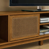 67.9 Inch Mid Century Modern Rattan TV Stand for TVs up to 75", Entertainment Cabinet, Media Console for Living Room Media Room, Solid Wood Feet & Rattan Cabinet Doors - Light Walnut