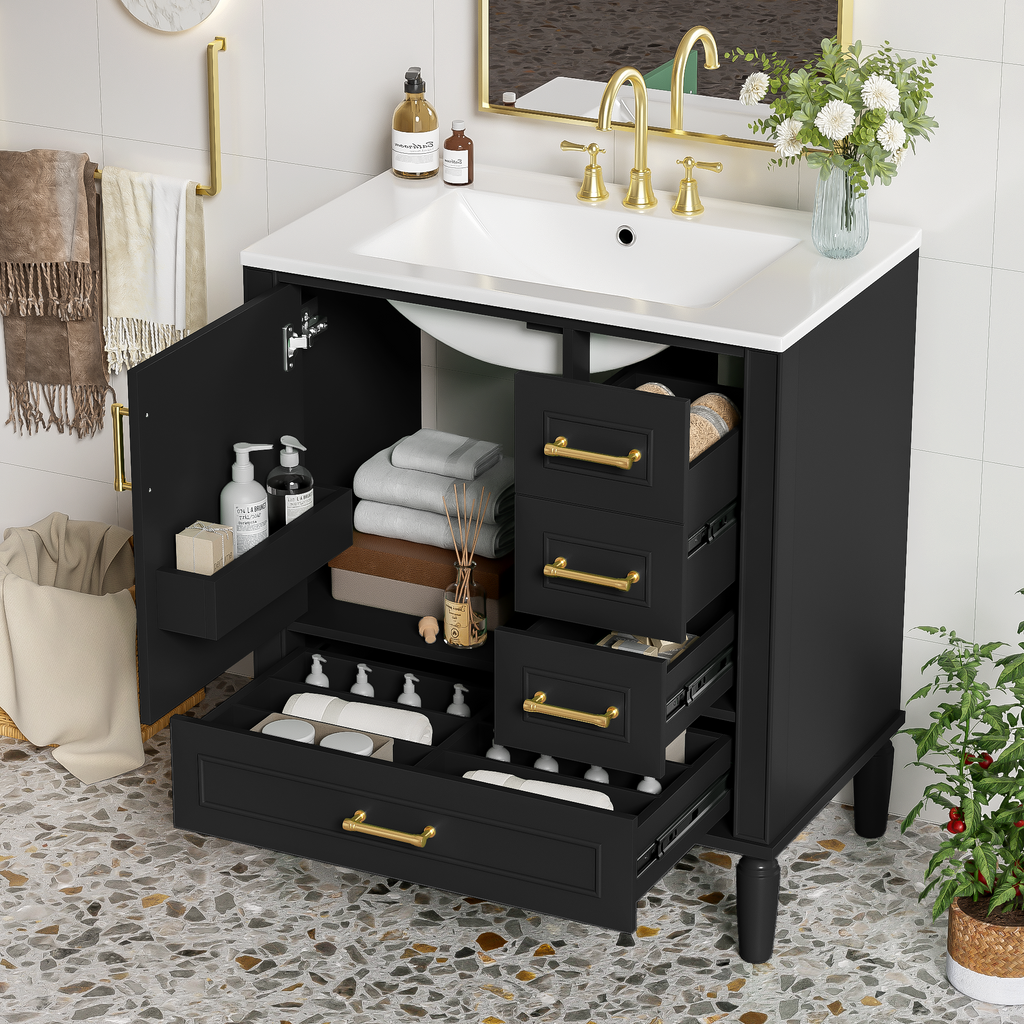 Traditional 30" Black Bathroom Vanity Set, Floor Standing, with Three Drawers, Soft Close Doors, with Long Gold Metal Handles - Perfect for Small Bathrooms