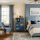 MDF painted Cabinet with Glass Doors and drawer, open storage space, Navy Blue, Bedroom, Living room