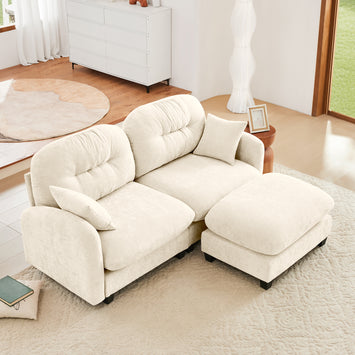Cloud Sectional L-Shaped Couch With Ottoman,Soft Chenille Fabric,Quilted Pleated Design  High-Density Foam,Fits Bedrooms Living Rooms Reading Nooks,Beige
