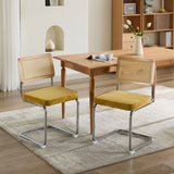 Mid Century Modern Dining Chairs Set of 2, Velvet Accent Chairs with Natural Cane Back & Stainless Chrome Base, Famous Breuer Designed Chairs, Upholstered Rattan Kitchen Chairs,Olive-Green
