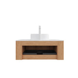 DINA 36" Bathroom Vanity&Sink, Floating Curved Edges Striped Bathroom Storage Cabinet with Drawer, White Round Ceramic Basin&Carrara White Artificial Marble Top, Pre-assembled, Natural Woodgrain Color