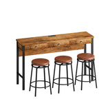 3-Drawer Long Dining Table Set with Power Outlets, Bar Kitchen Table Set with Circular PU Stools, Easy Assemble,Brown