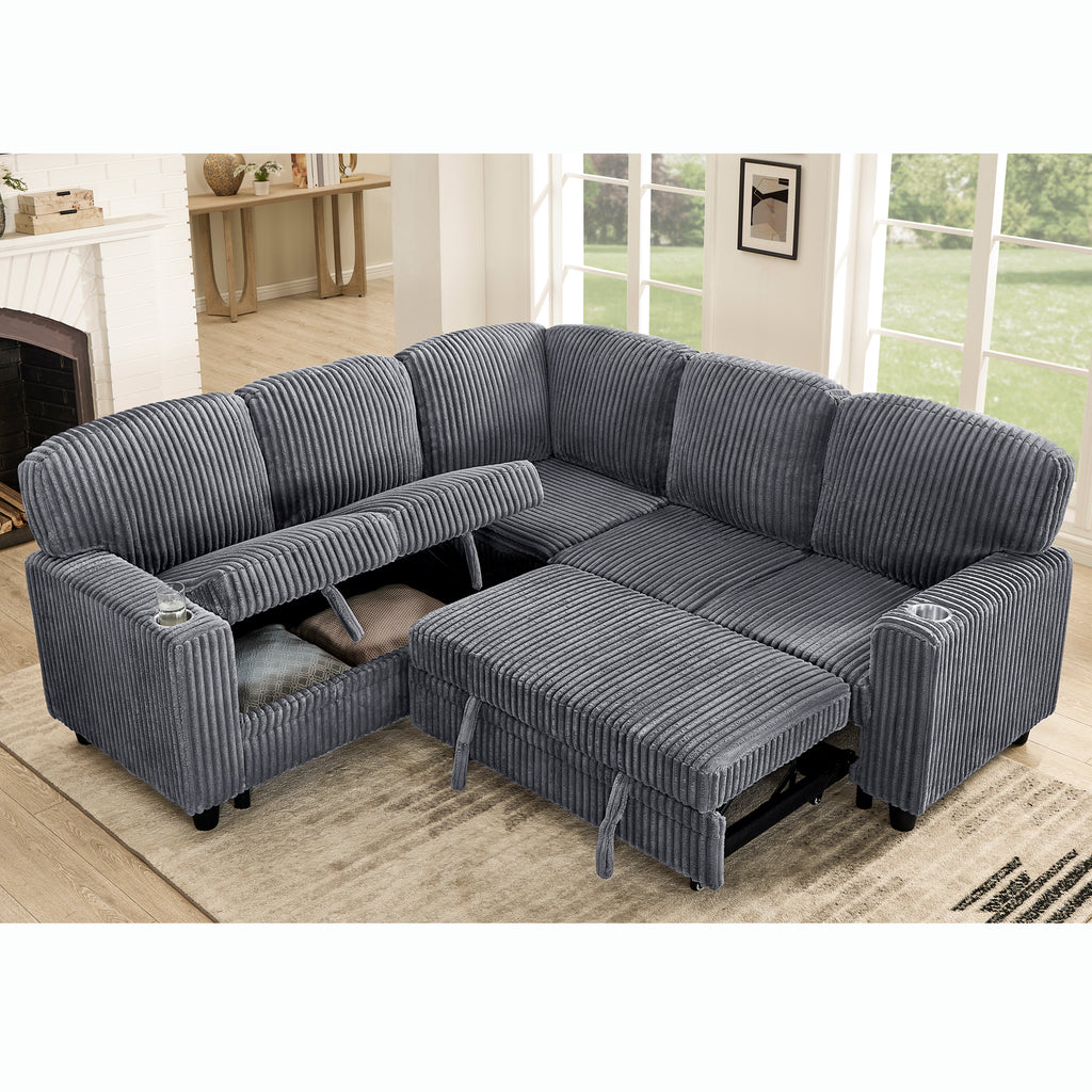 L-Shaped Sectional Sofa Bed with Pull-Out Bed & Storage, 5-Seat Sleeper Couch with USB Charging, Convertible Design for Living Room, Apartment, Corduroy Fabric, Grey