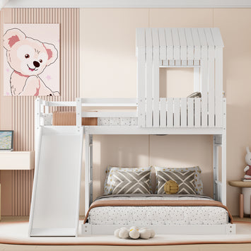 Wooden Twin Over Full Bunk Bed, Loft Bed with Playhouse, Farmhouse, Ladder, Slide and Guardrails, White(OLD SKU :LT000028AAK)
