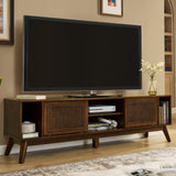 67.9 Inch Mid Century Modern Rattan TV Stand for TVs up to 75", Entertainment Cabinet, Media Console for Living Room Media Room, Solid Wood Feet & Rattan Cabinet Doors - Walnut