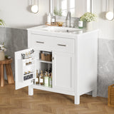 30-inch Bathroom Vanity with Ceramic Sink, Modern White Single Bathroom Cabinet with 2 Doors and a Shelf, Soft Close Doors