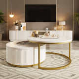 Modern Round Nesting Coffee Table Fluted with Drawer in Black & Gold in 31.5''