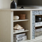Large TV Desk Storage Rack with Faux Stacked Stone Surround,Media Console Table with Large Storage Cabinet,Modern TV Media Entertaionment Stand,WHITE, 70.12"W*15.35"D*25.83"H