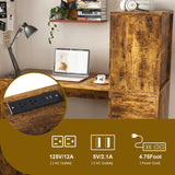 Computer Desk with 4-in-1 Socket & 3 Drawers, 4-Tier Storage Shelves, Carbonized Wood Finish Laminate for Home Office, Study, Bedroom