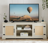 Farmhouse Rattan TV Stand Console Table for TVs up to 70 Inches, TV Console Table with 2 Storage Shelves, 2 Natural Rattan Door Cabinets, 65"W*15.55"D*23.86"H, Gray