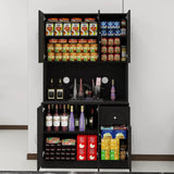 71" Kitchen Pantry Storage Cabinet with Microwave Oven Countertop, Freestanding Hutch Cabinet with Adjustable Shelves, 6 Doors and 1 Drawer-Black