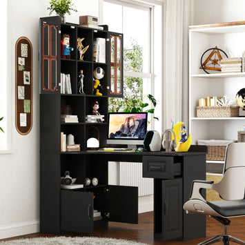 L-Shaped Corner Computer Desk  for Home Office or Study desk, Study Modern Style Table with Drawers, Bookshelf & Hutch, 2-in-1 L-Shaped Design, Large Working Space,black