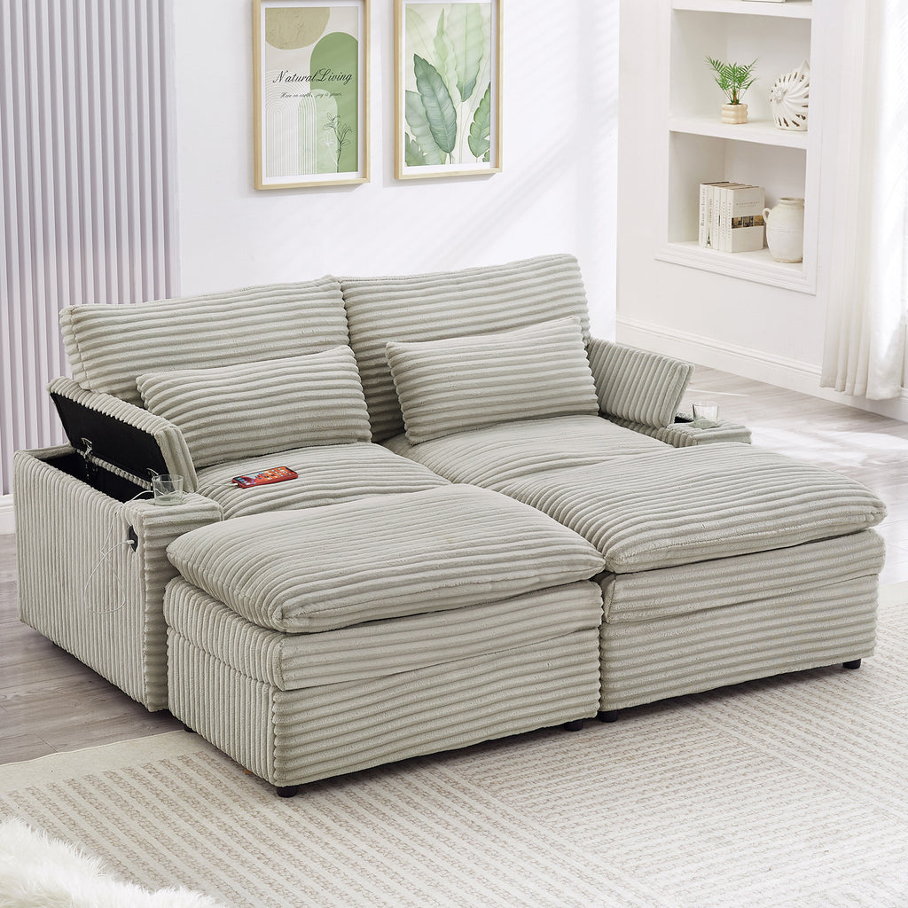 Loveseat Sofa 70.9" Free-combined Sectional Convertible Sofa Bed with Storage Space, Two Movable Ottomans, Four USB Ports and Two Cup Holders for Living Room, Grey