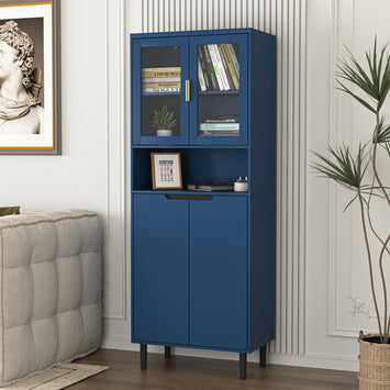Tempered Glass Door Tall Storage Bookcase with adjustable board, 4 doors MDF painting finished cabinet, Navy Blue, Living room Bedroom storage