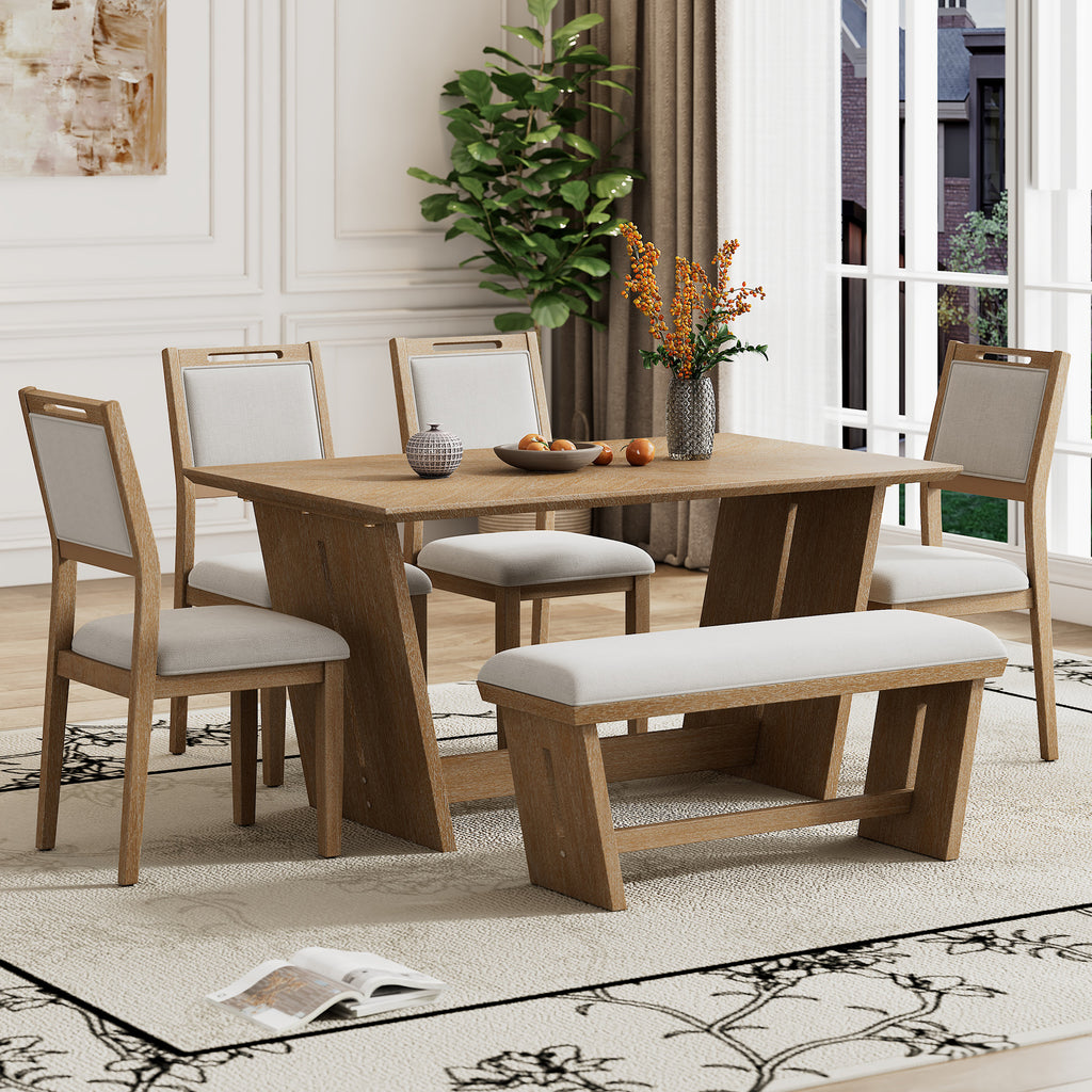 TREXM 6-Piece Retro Dining Table Set for 6, 60" Wood Kitchen Table and Chairs Set of 4 with Bench Designed Trestle Base for kitchen & Dining Room (Natural Wood Wash)