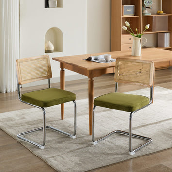 Mid Century Modern Dining Chairs Set of 2, Velvet Accent Chairs with Natural Cane Back & Stainless Chrome Base, Famous Breuer Designed Chairs, Upholstered Rattan Kitchen Chairs,Olive-Green