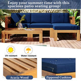 TOPMAX Outdoor Backyard Patio Wood 5-Piece Sectional Sofa Seating Group Set with Cushions, Natural Finish+ Blue Cushions