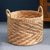 Isidore Round Water Hyacinth Seagrass Woven Basket with Handles - 15" x 15" x 11.8" - Natural Brown - For Clothes, Towels, Canvas, Toys and Magazine Storage and Home Decoration