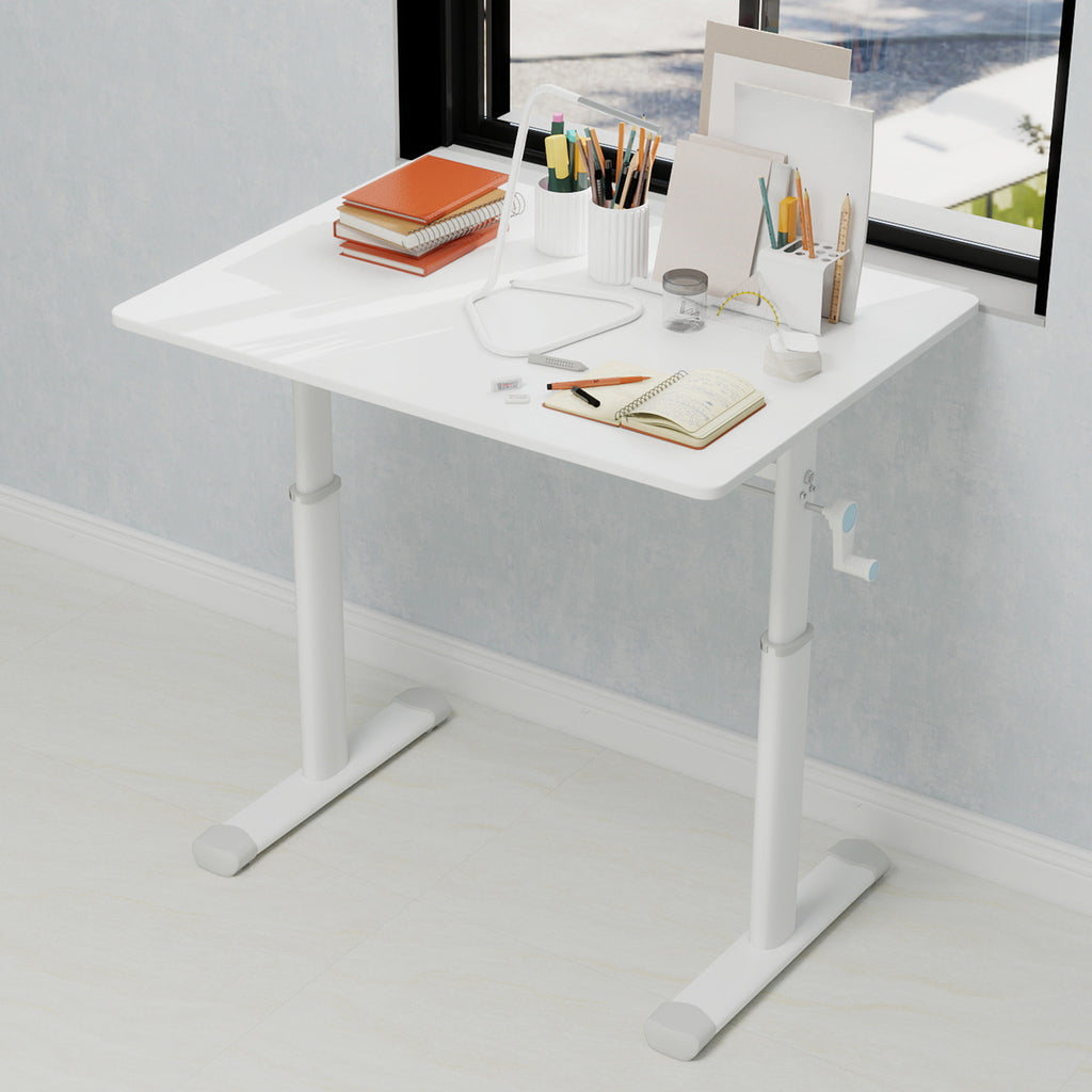 Adjustable study desk suitable for children and adults, height-adjustable, multifunctional home office desk, compact design, desktop dimensions: 60cm × 80cm, white frame, white tabletop.